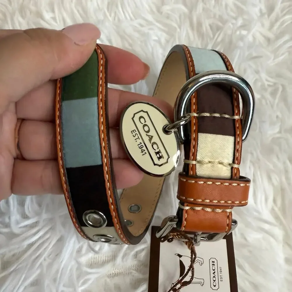 NWB COACH Legacy Stripe Leather Dog Collar XS w COACH Charm Limited Ed Rare